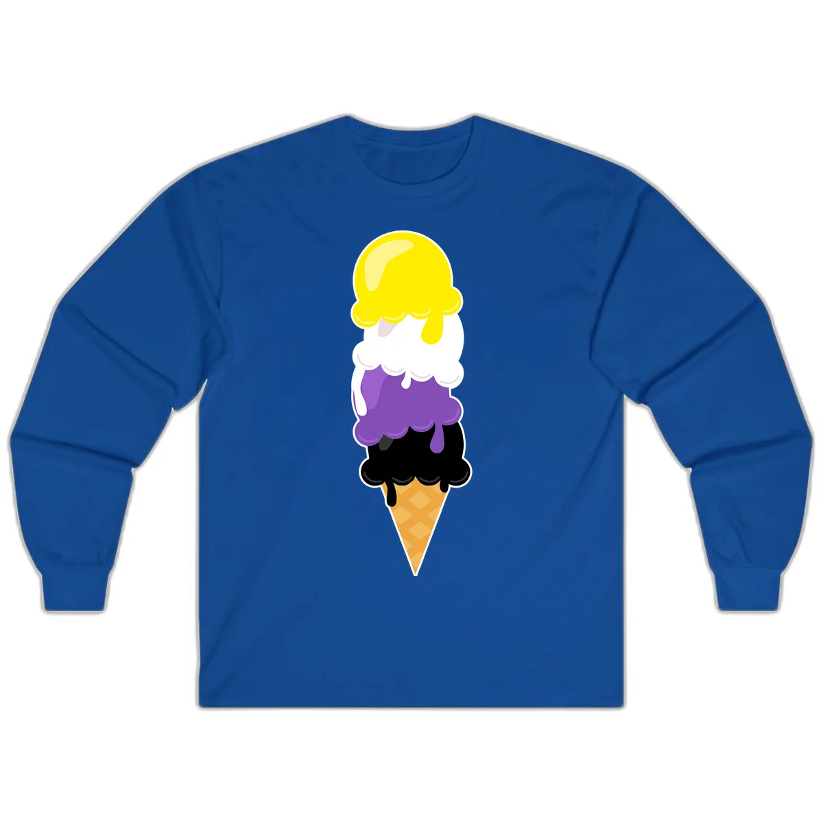 Rainbow drip ice cream cone illustration with yellow, white, purple, and black scoops stacked on waffle cone with dripping effect in Royal