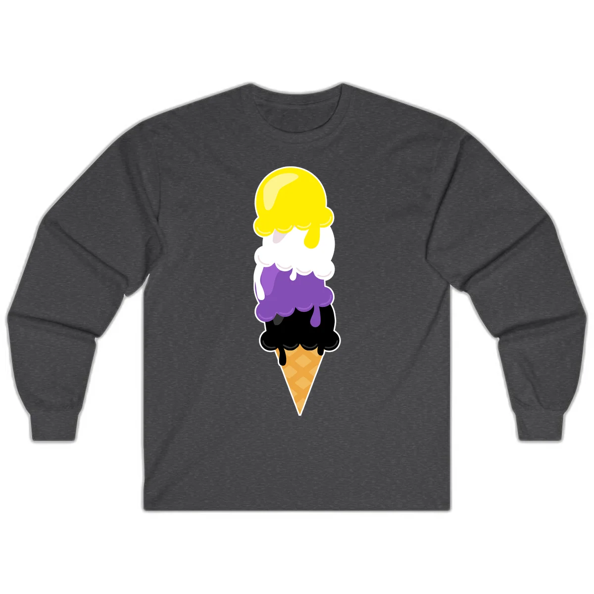 Rainbow drip ice cream cone illustration with yellow, white, purple, and black scoops stacked on waffle cone with dripping effect in Dark Heather