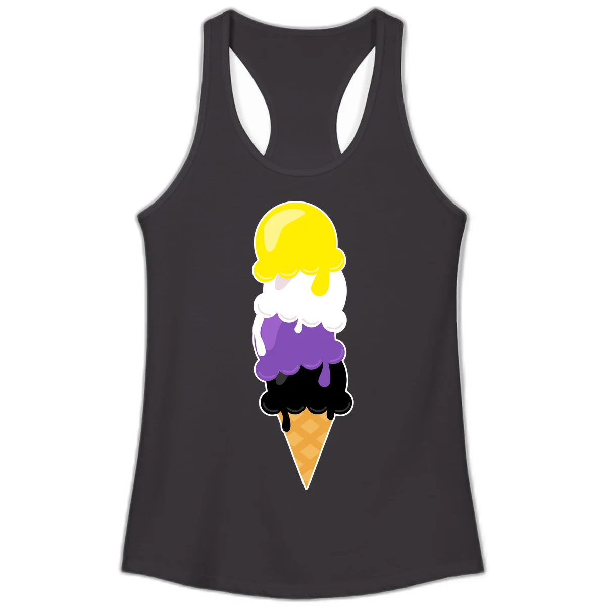 Rainbow drip ice cream cone illustration with yellow, white, purple, and black scoops stacked on waffle cone with dripping effect in Black