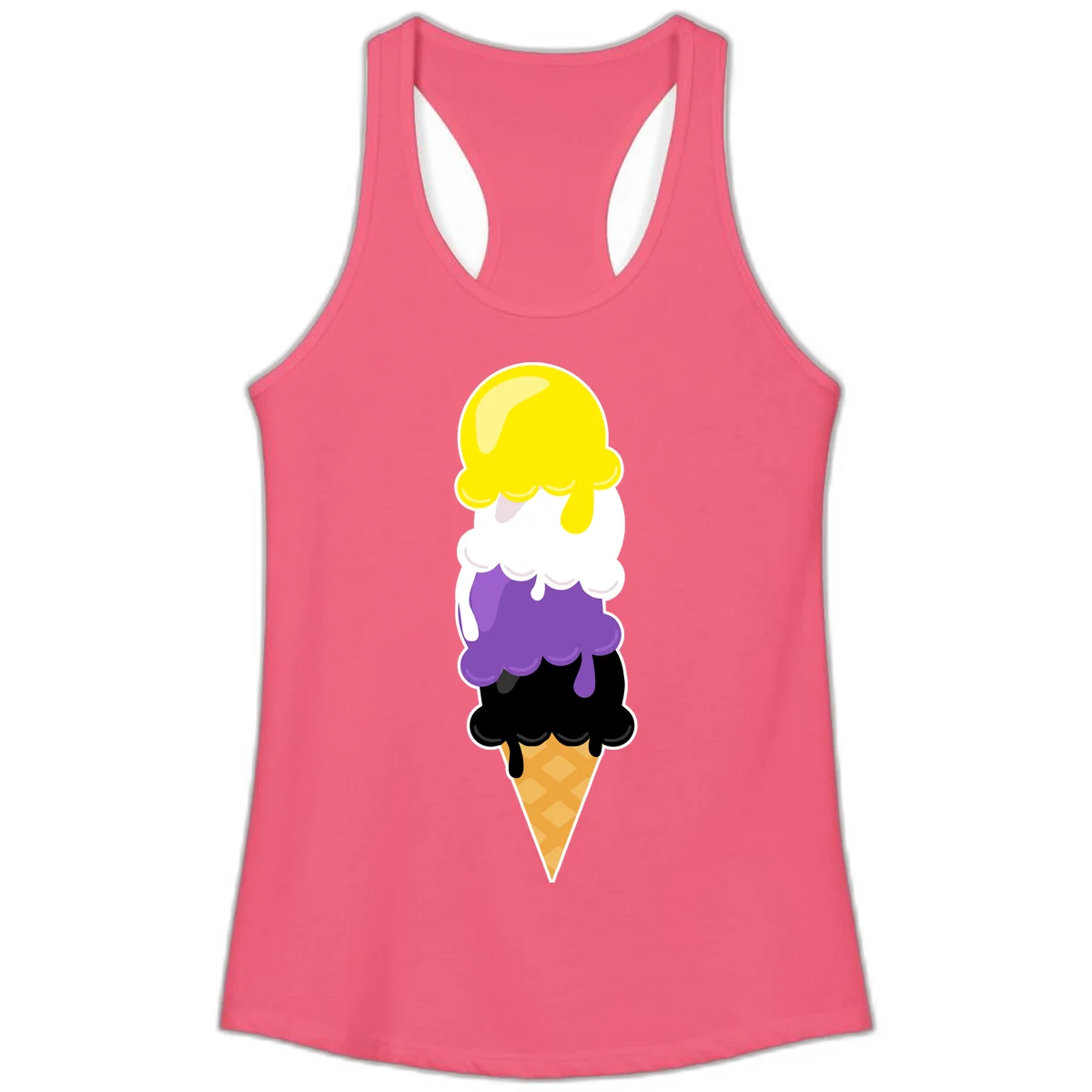 Rainbow drip ice cream cone illustration with yellow, white, purple, and black scoops stacked on waffle cone with dripping effect in Hot Pink