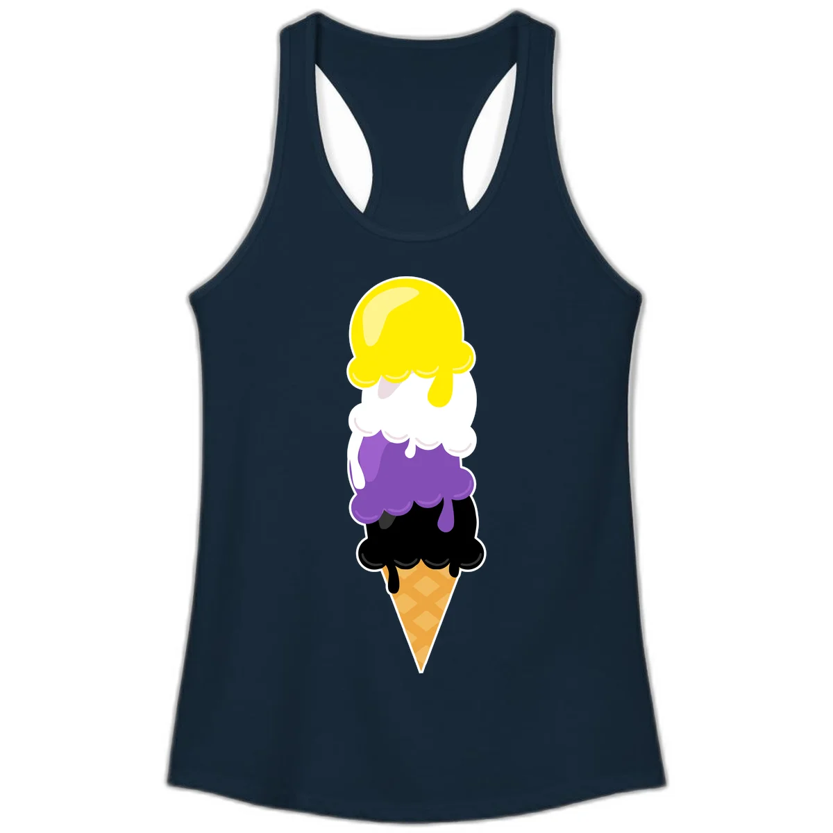 Rainbow drip ice cream cone illustration with yellow, white, purple, and black scoops stacked on waffle cone with dripping effect in Solid Midnight Navy