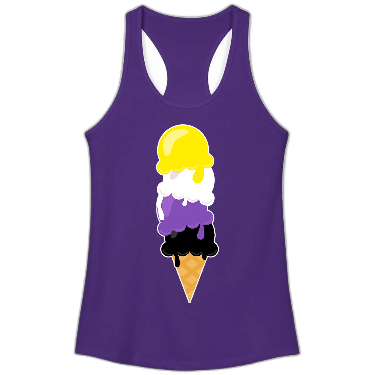 Rainbow drip ice cream cone illustration with yellow, white, purple, and black scoops stacked on waffle cone with dripping effect in Solid Purple Rush