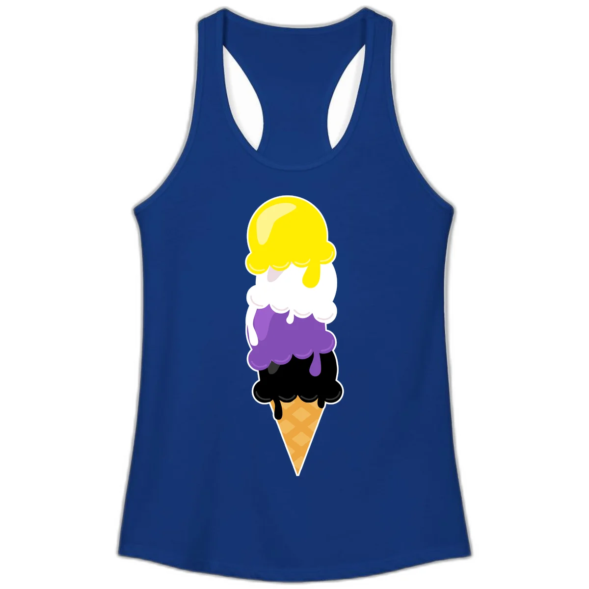 Rainbow drip ice cream cone illustration with yellow, white, purple, and black scoops stacked on waffle cone with dripping effect in Solid Royal