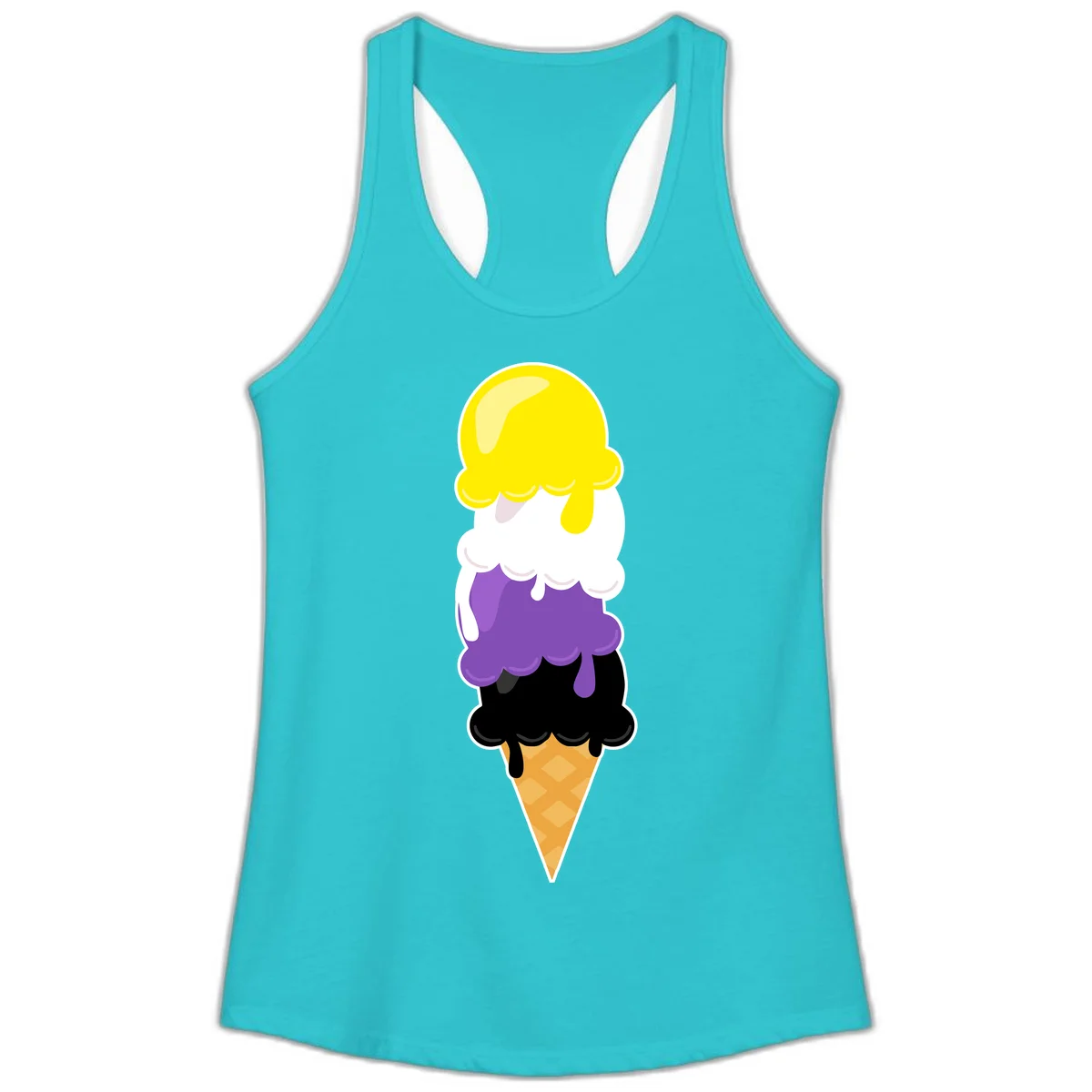 Rainbow drip ice cream cone illustration with yellow, white, purple, and black scoops stacked on waffle cone with dripping effect in Solid Tahiti Blue