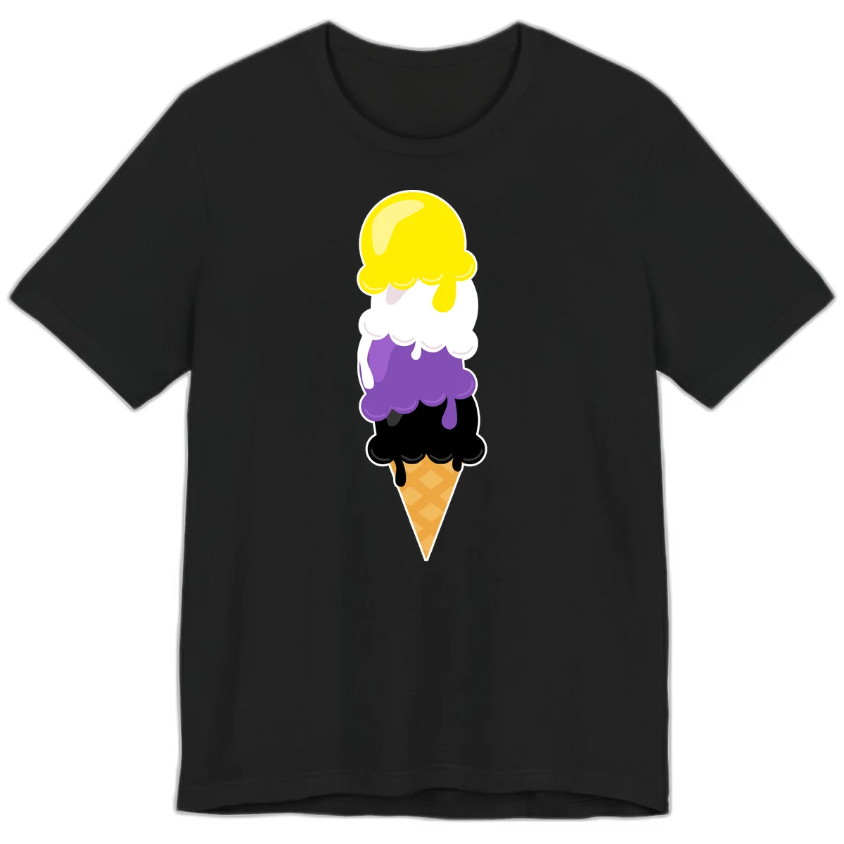 Rainbow drip ice cream cone illustration with yellow, white, purple, and black scoops stacked on waffle cone with dripping effect in Black