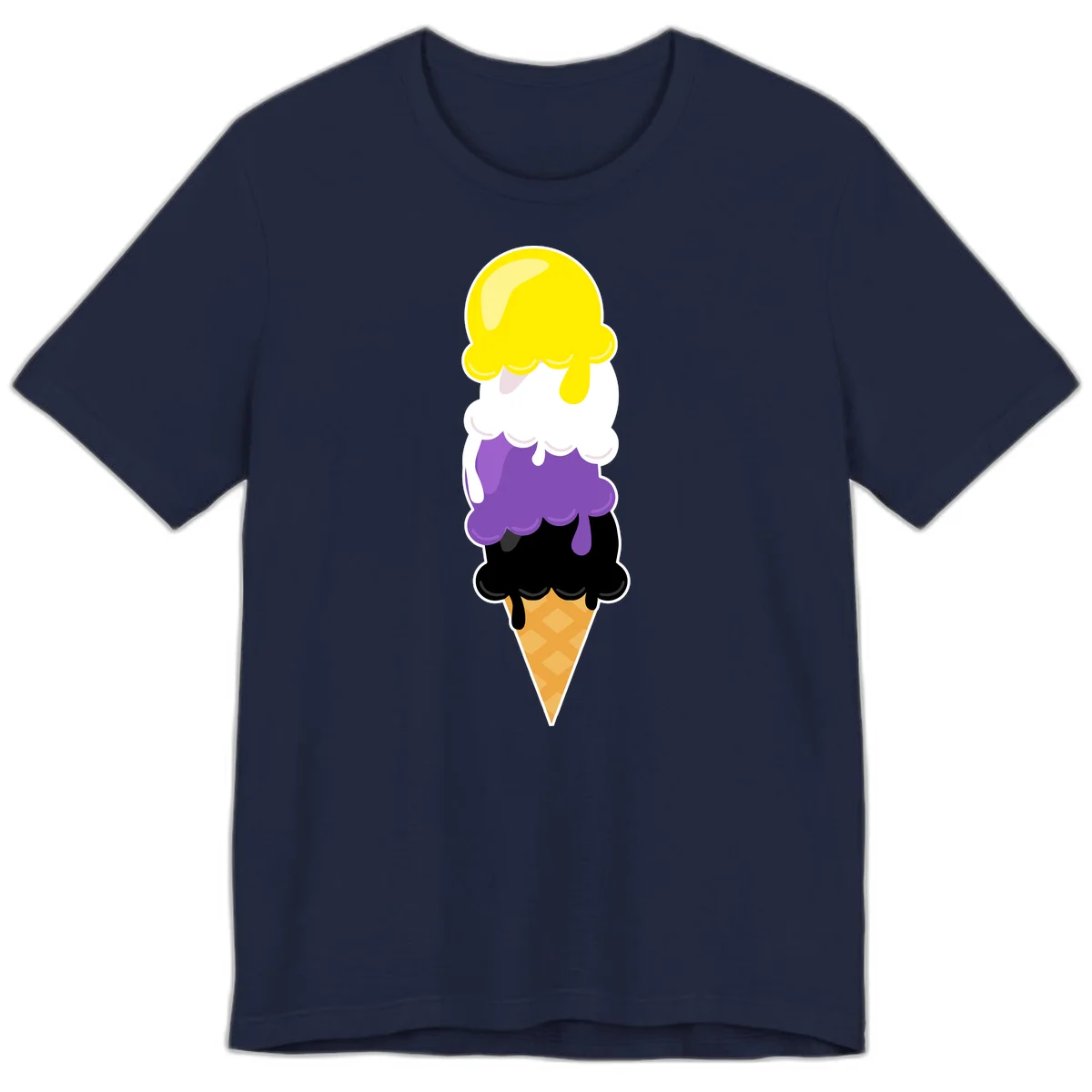 Rainbow drip ice cream cone illustration with yellow, white, purple, and black scoops stacked on waffle cone with dripping effect in Navy