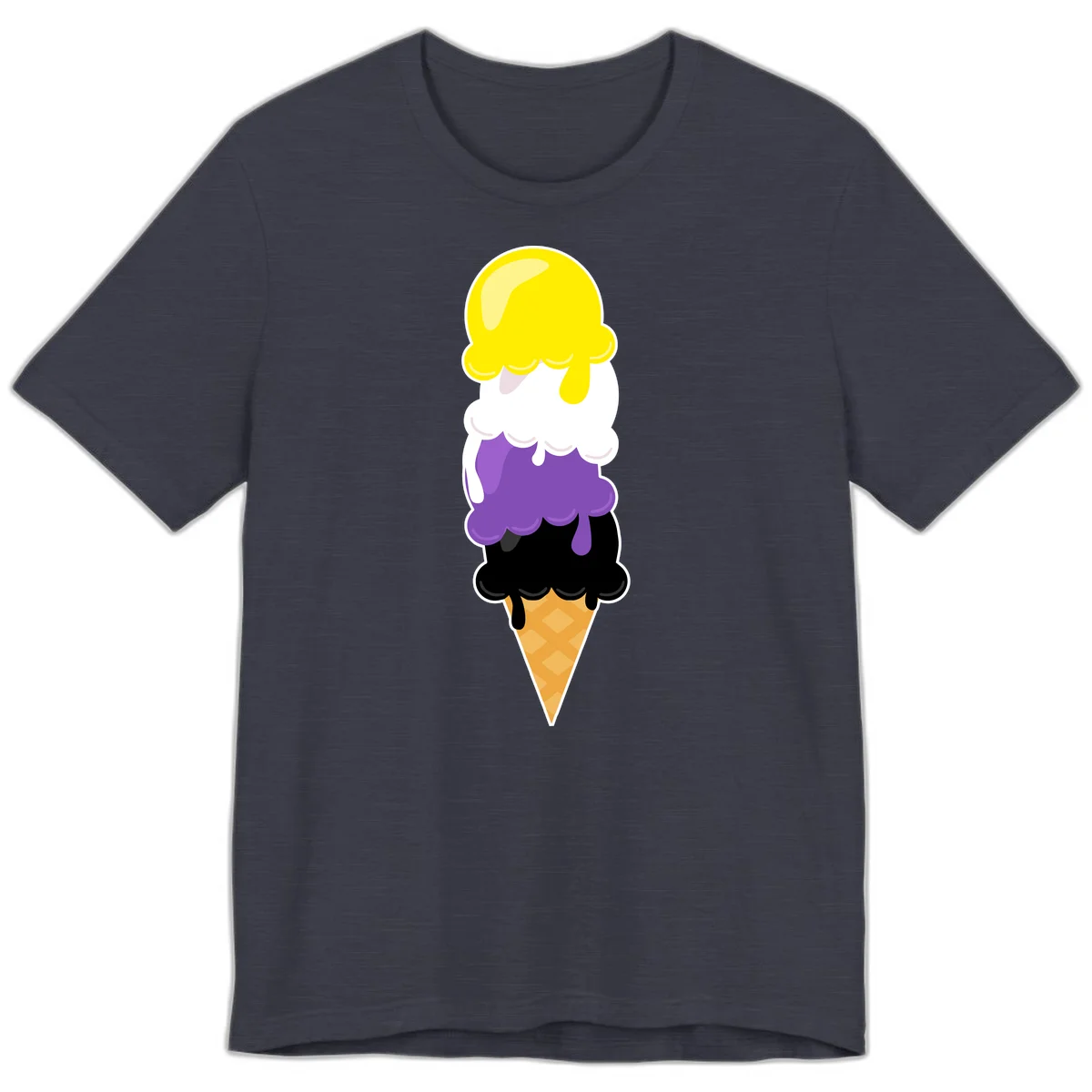 Rainbow drip ice cream cone illustration with yellow, white, purple, and black scoops stacked on waffle cone with dripping effect in Heather Midnight Navy