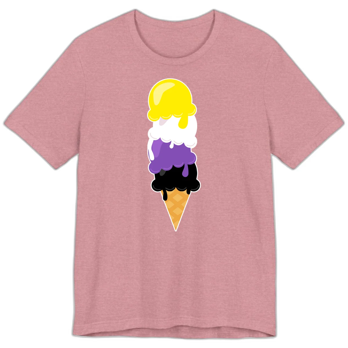Rainbow drip ice cream cone illustration with yellow, white, purple, and black scoops stacked on waffle cone with dripping effect in Heather Orchid