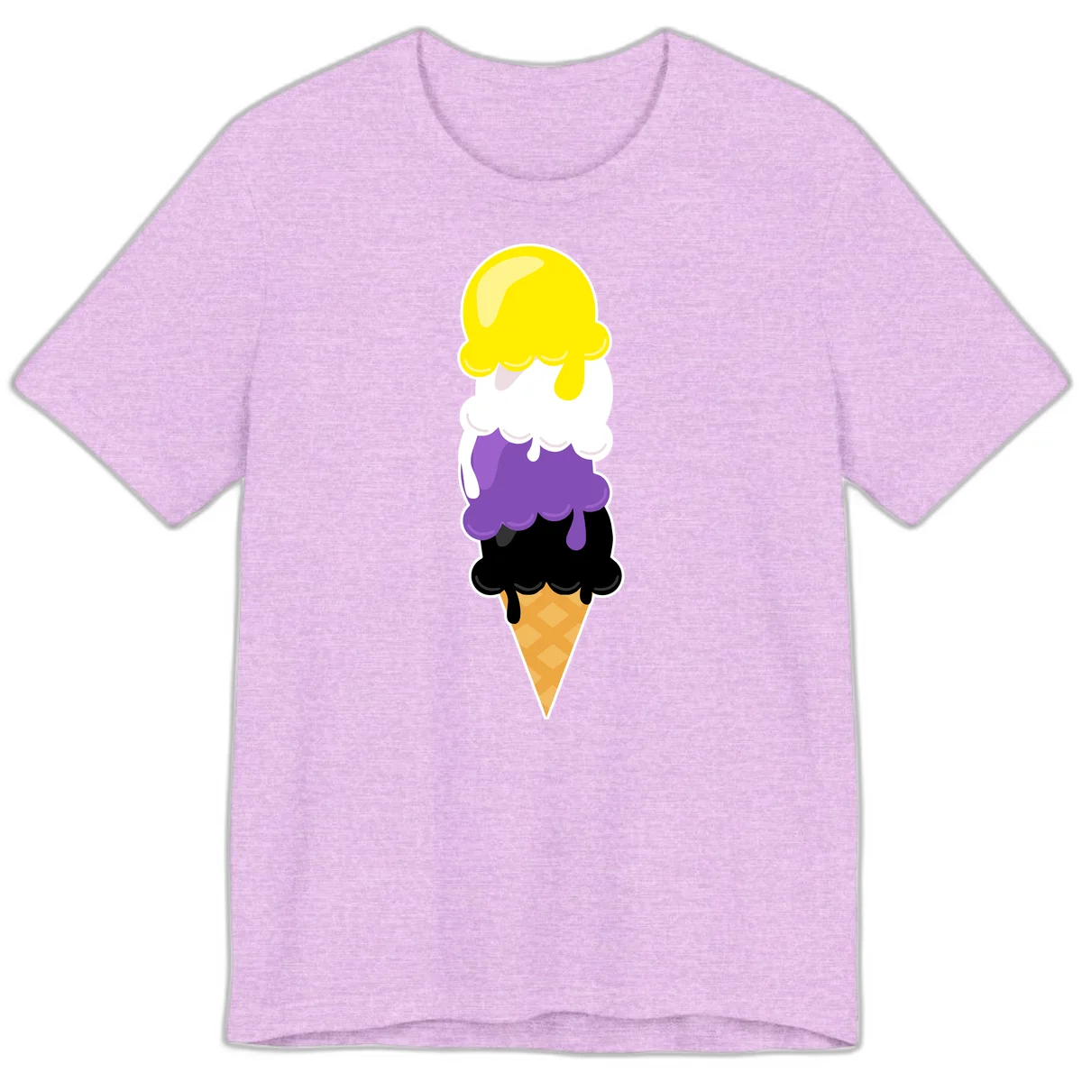 Rainbow drip ice cream cone illustration with yellow, white, purple, and black scoops stacked on waffle cone with dripping effect in Heather Prism Lilac
