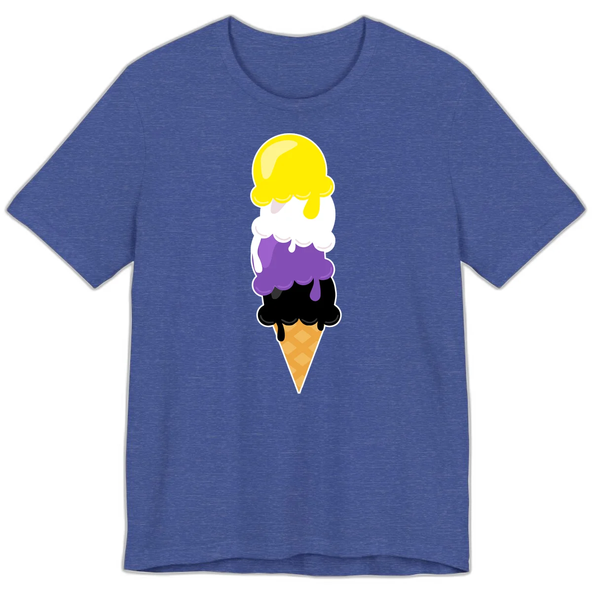 Rainbow drip ice cream cone illustration with yellow, white, purple, and black scoops stacked on waffle cone with dripping effect in Heather True Royal