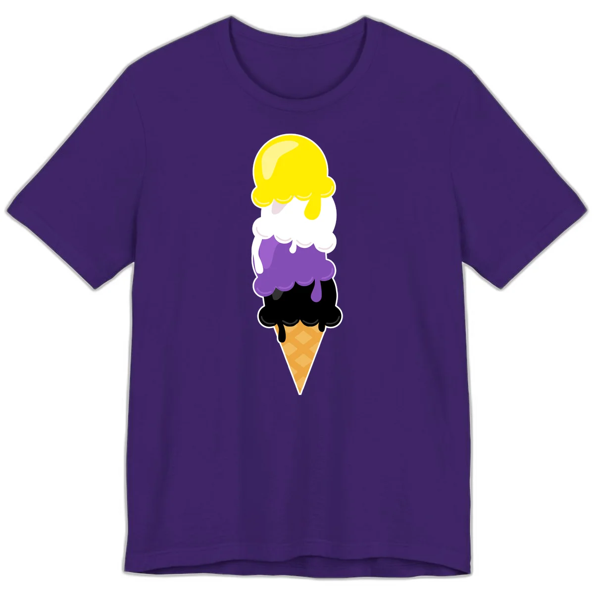 Rainbow drip ice cream cone illustration with yellow, white, purple, and black scoops stacked on waffle cone with dripping effect in Team Purple