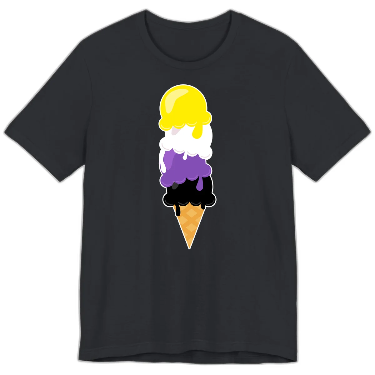 Rainbow drip ice cream cone illustration with yellow, white, purple, and black scoops stacked on waffle cone with dripping effect in Vintage Black