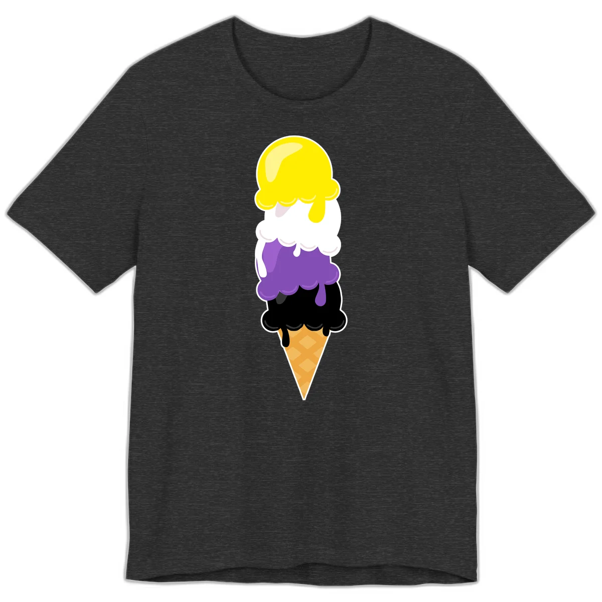 Rainbow drip ice cream cone illustration with yellow, white, purple, and black scoops stacked on waffle cone with dripping effect in Dark Grey Heather
