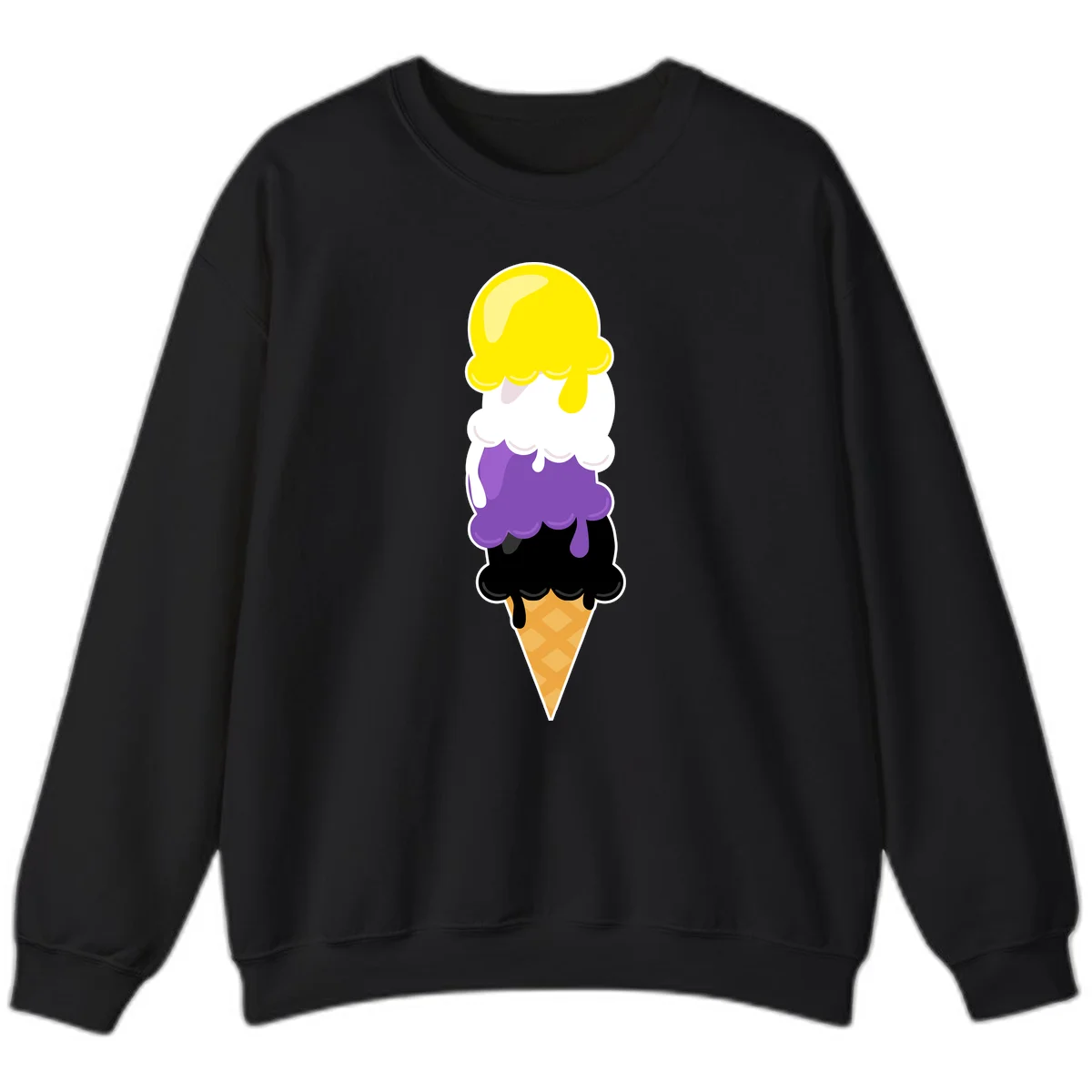 Rainbow drip ice cream cone illustration with yellow, white, purple, and black scoops stacked on waffle cone with dripping effect in Black