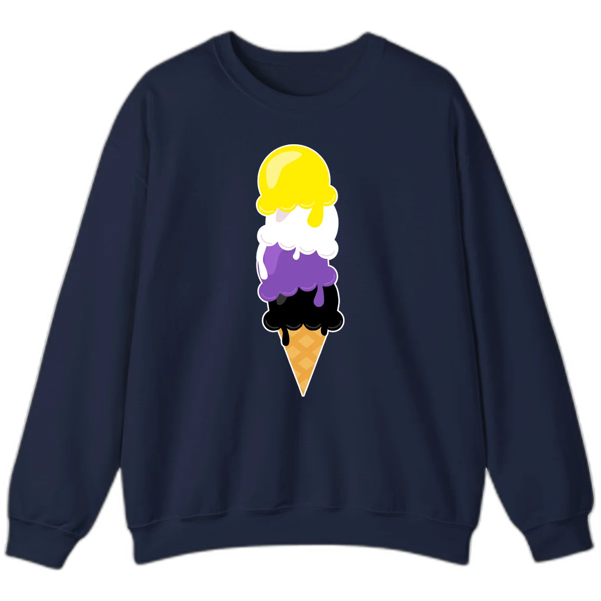 Rainbow drip ice cream cone illustration with yellow, white, purple, and black scoops stacked on waffle cone with dripping effect in Navy