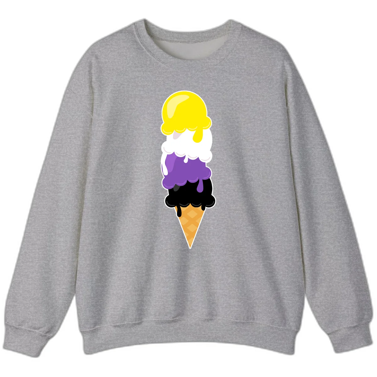 Rainbow drip ice cream cone illustration with yellow, white, purple, and black scoops stacked on waffle cone with dripping effect in Sport Grey