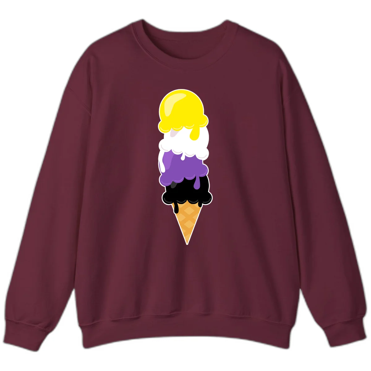 Rainbow drip ice cream cone illustration with yellow, white, purple, and black scoops stacked on waffle cone with dripping effect in Maroon