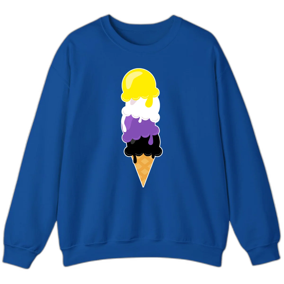 Rainbow drip ice cream cone illustration with yellow, white, purple, and black scoops stacked on waffle cone with dripping effect in Royal