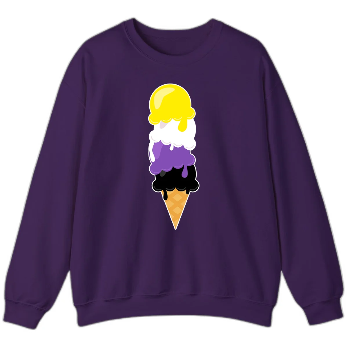 Rainbow drip ice cream cone illustration with yellow, white, purple, and black scoops stacked on waffle cone with dripping effect in Purple