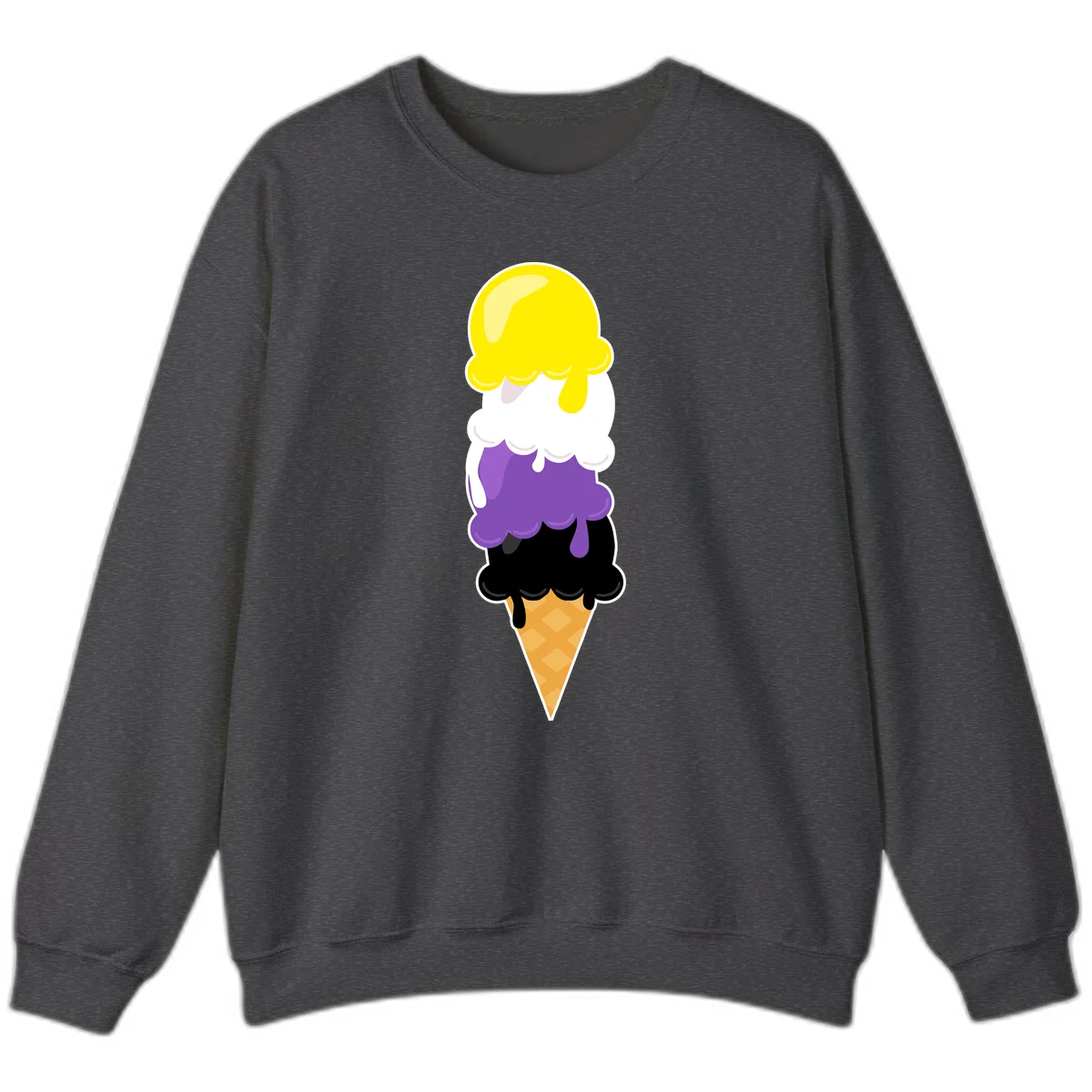 Rainbow drip ice cream cone illustration with yellow, white, purple, and black scoops stacked on waffle cone with dripping effect in Dark Heather