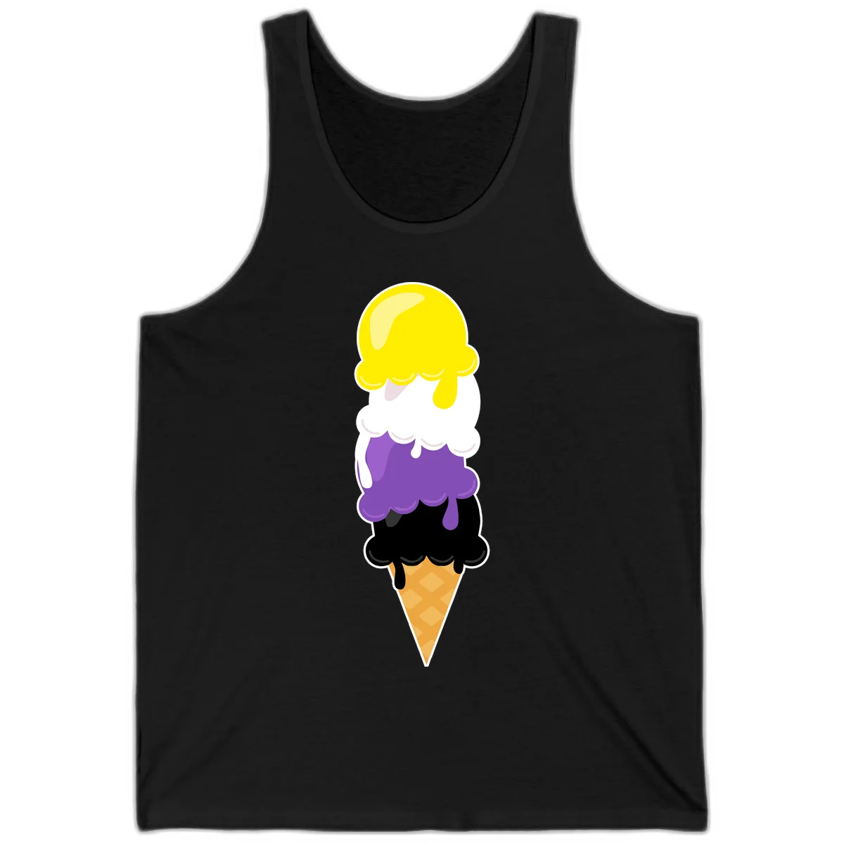 Rainbow drip ice cream cone illustration with yellow, white, purple, and black scoops stacked on waffle cone with dripping effect in Black