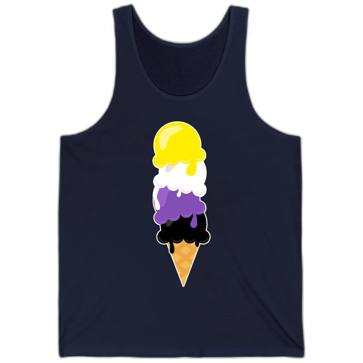 Rainbow drip ice cream cone illustration with yellow, white, purple, and black scoops stacked on waffle cone with dripping effect in Navy