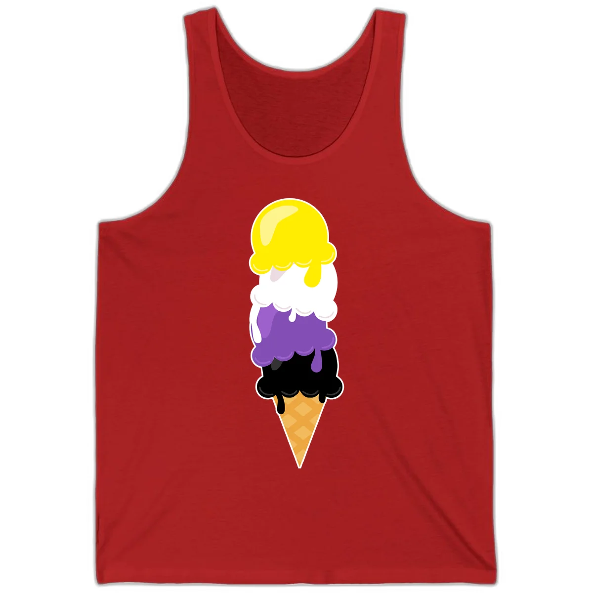 Rainbow drip ice cream cone illustration with yellow, white, purple, and black scoops stacked on waffle cone with dripping effect in Red