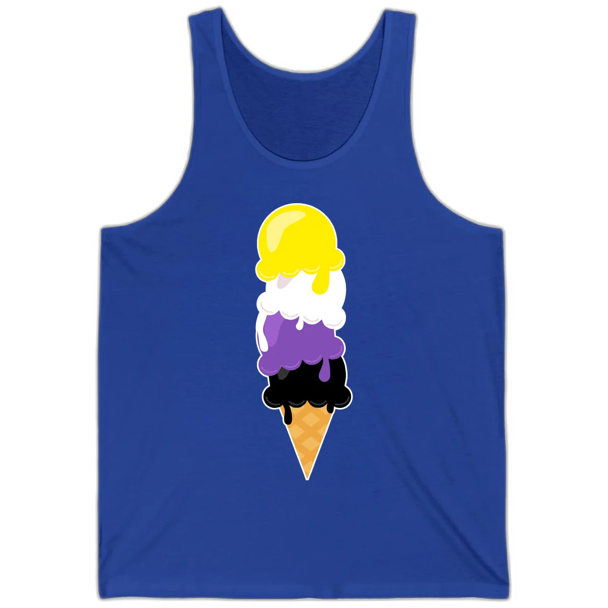 Rainbow drip ice cream cone illustration with yellow, white, purple, and black scoops stacked on waffle cone with dripping effect in True Royal