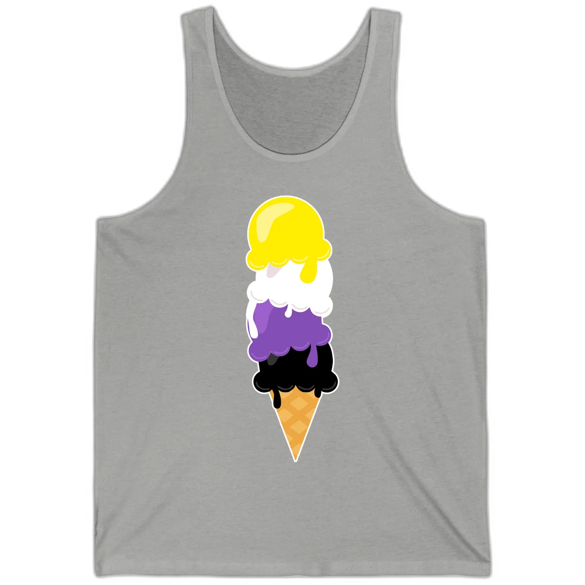 Rainbow drip ice cream cone illustration with yellow, white, purple, and black scoops stacked on waffle cone with dripping effect in Athletic Heather