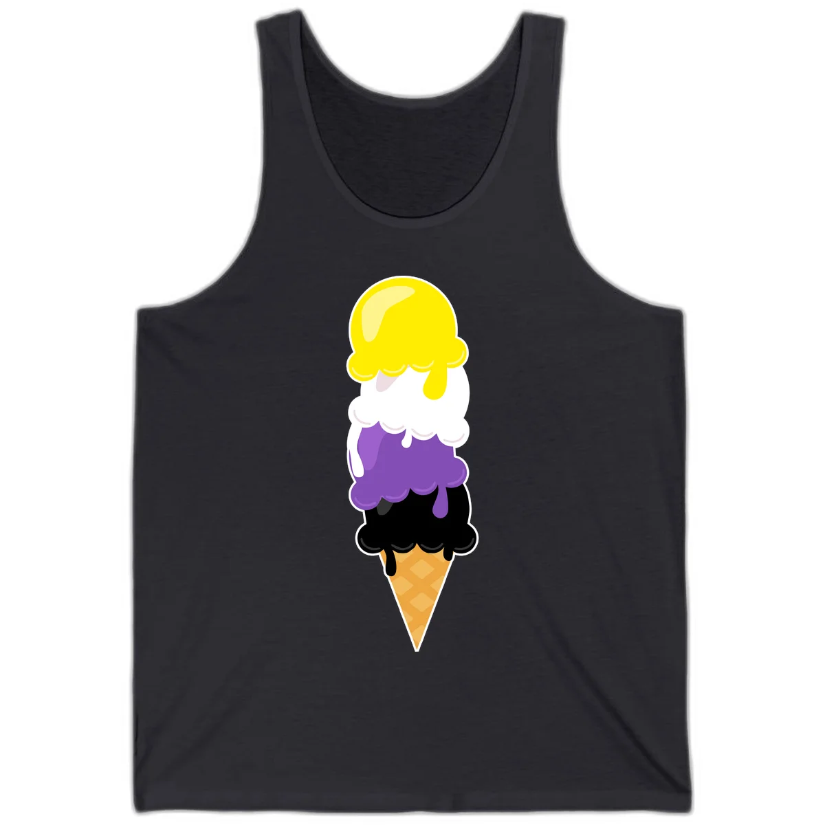 Rainbow drip ice cream cone illustration with yellow, white, purple, and black scoops stacked on waffle cone with dripping effect in Dark Grey