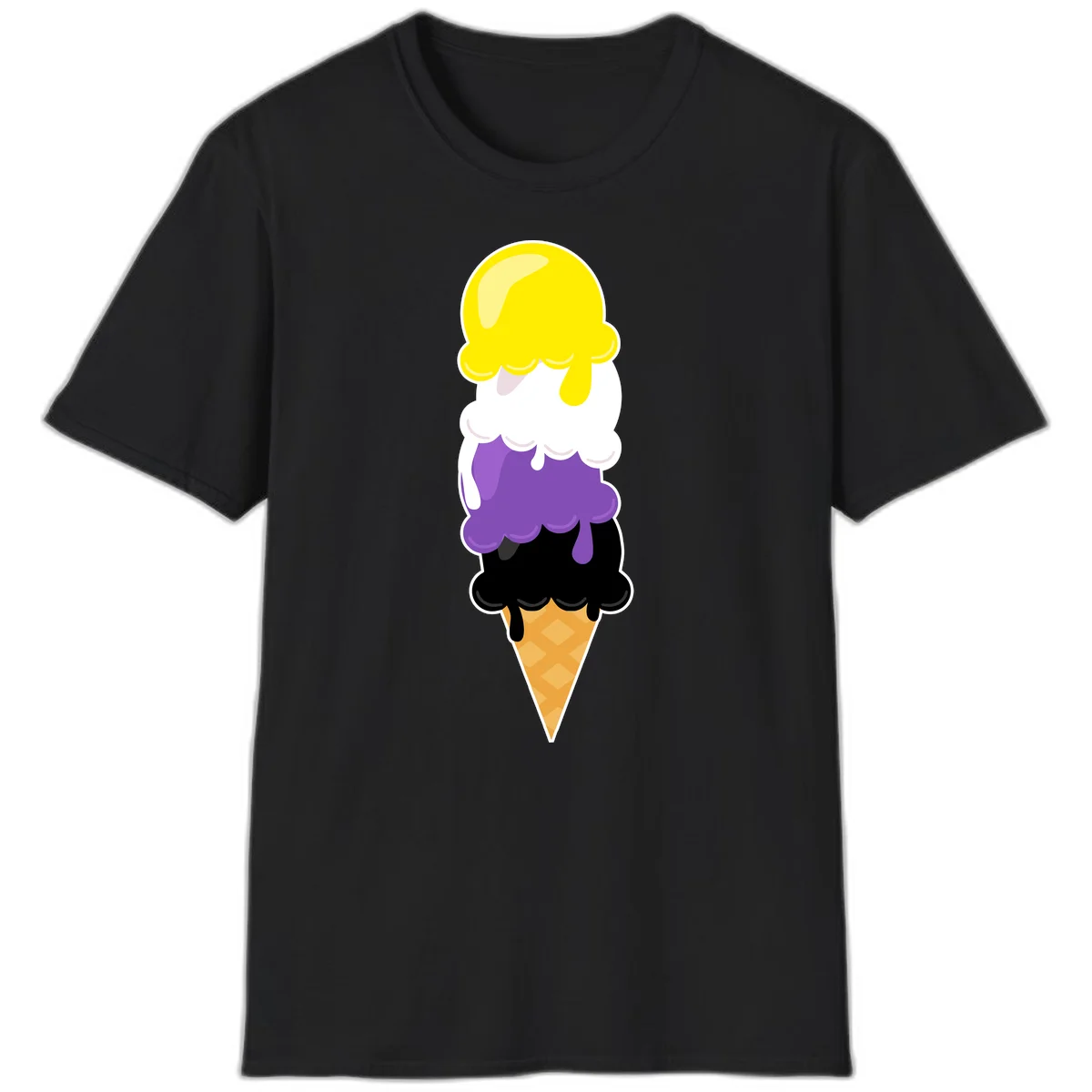 Rainbow drip ice cream cone illustration with yellow, white, purple, and black scoops stacked on waffle cone with dripping effect in Black