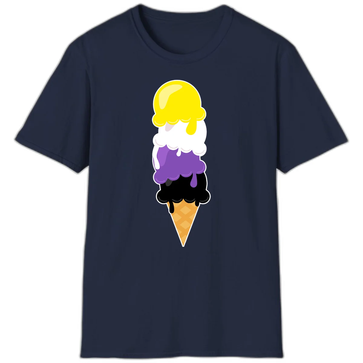 Rainbow drip ice cream cone illustration with yellow, white, purple, and black scoops stacked on waffle cone with dripping effect in Navy