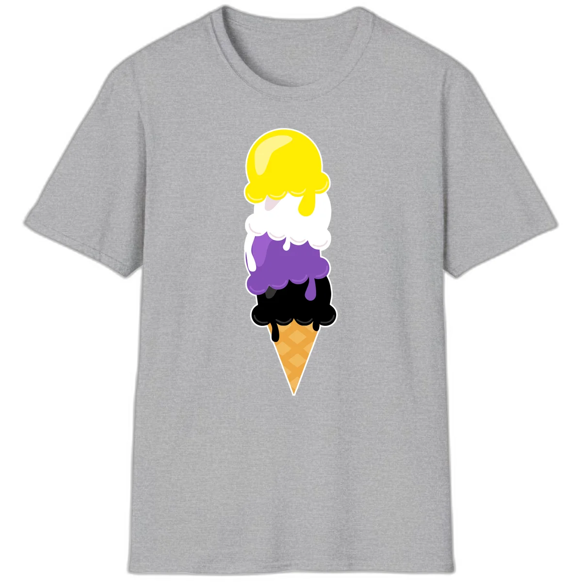 Rainbow drip ice cream cone illustration with yellow, white, purple, and black scoops stacked on waffle cone with dripping effect in Sport Grey