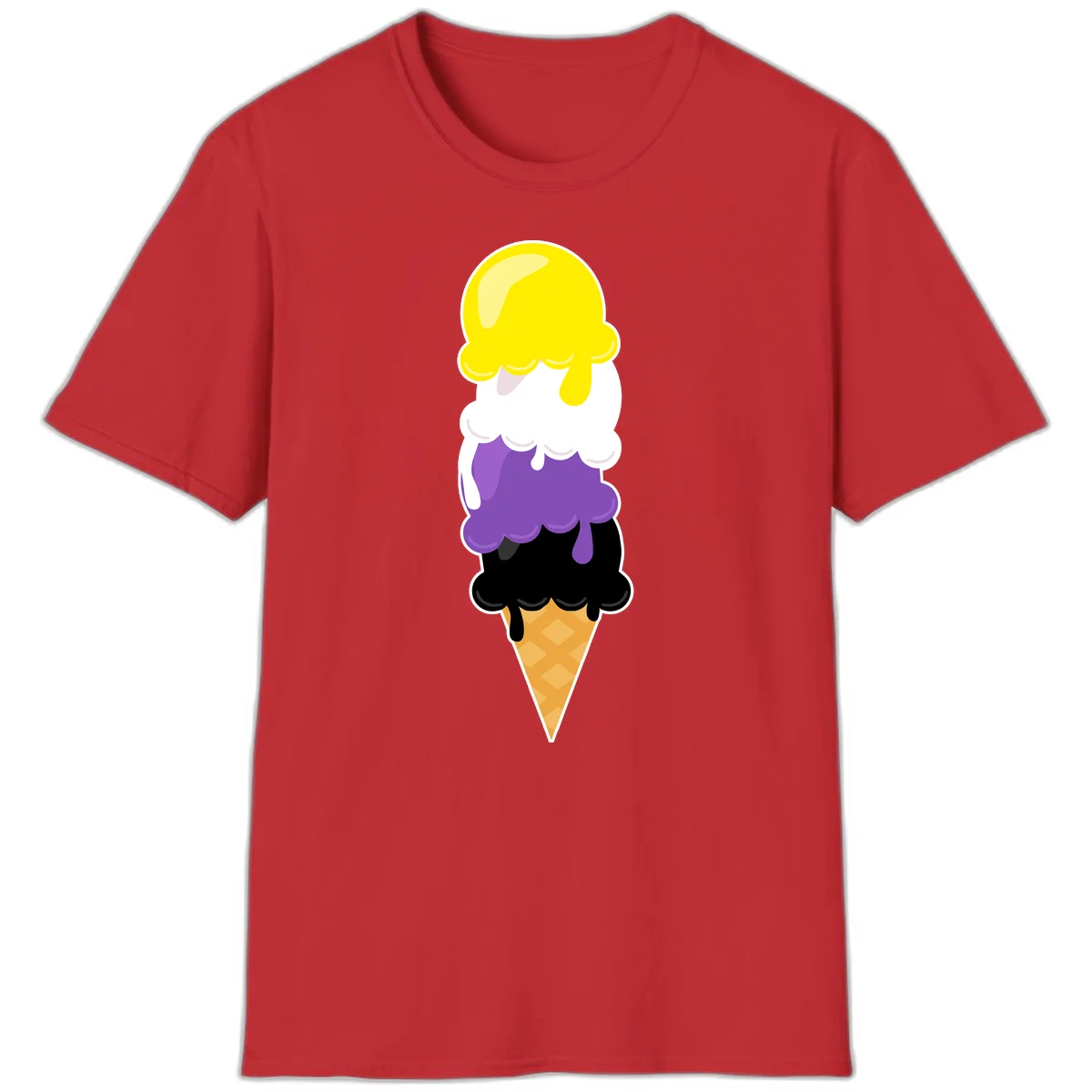 Rainbow drip ice cream cone illustration with yellow, white, purple, and black scoops stacked on waffle cone with dripping effect in Red