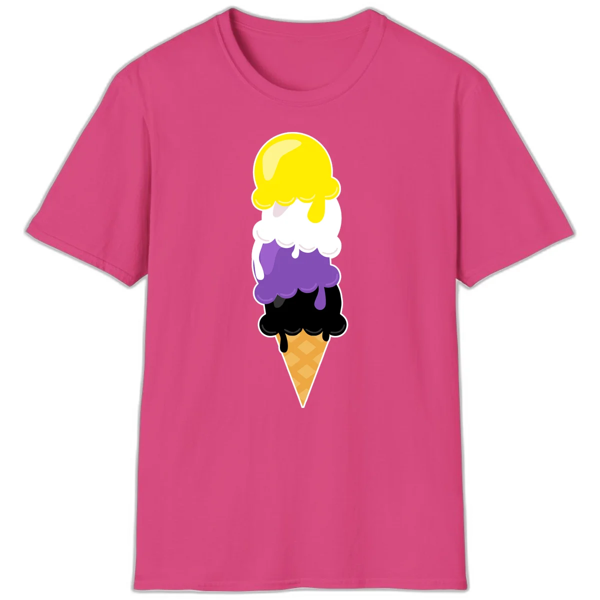 Rainbow drip ice cream cone illustration with yellow, white, purple, and black scoops stacked on waffle cone with dripping effect in Heliconia