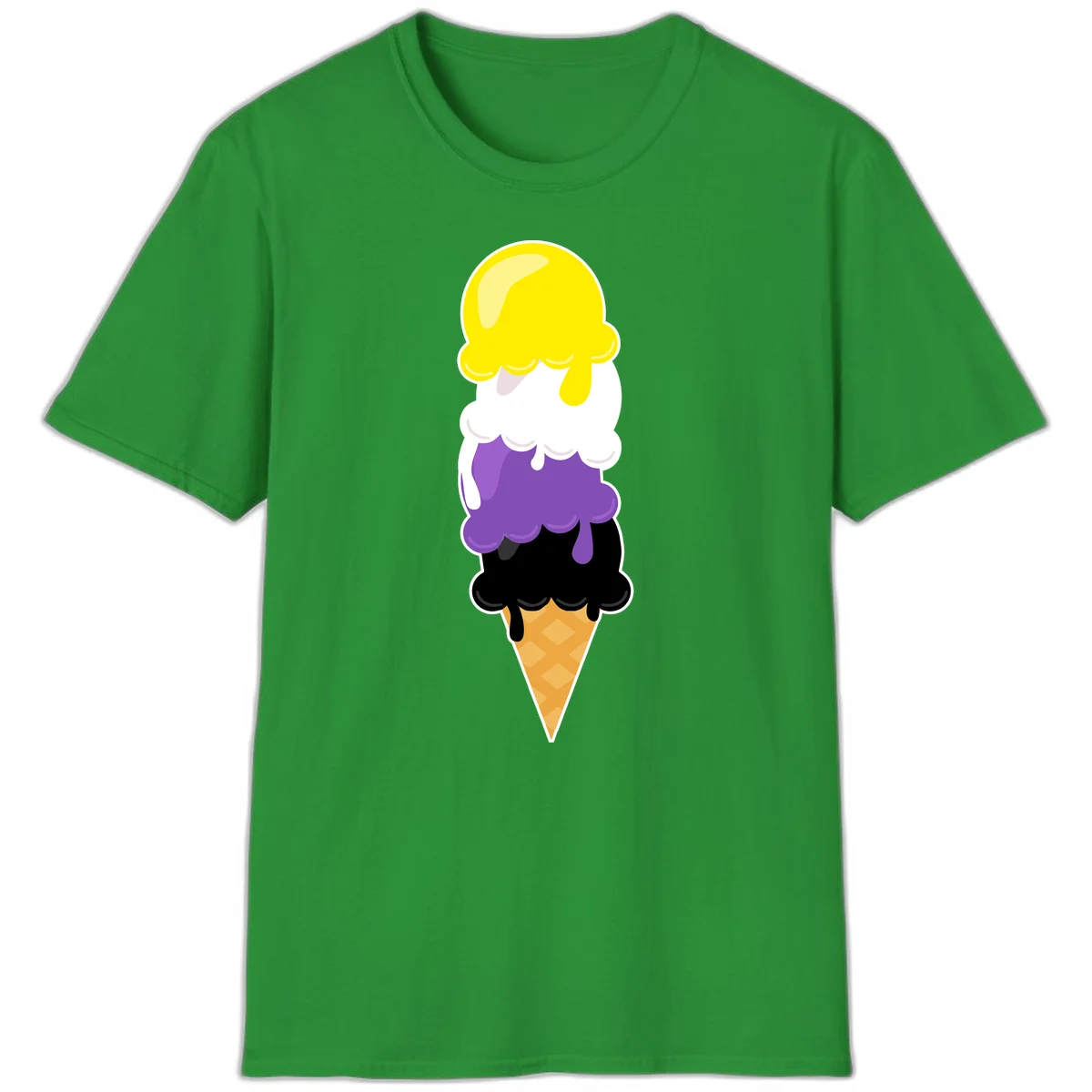 Rainbow drip ice cream cone illustration with yellow, white, purple, and black scoops stacked on waffle cone with dripping effect in Irish Green