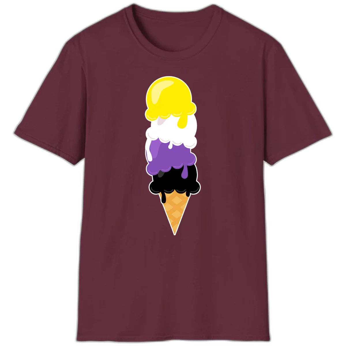 Rainbow drip ice cream cone illustration with yellow, white, purple, and black scoops stacked on waffle cone with dripping effect in Maroon