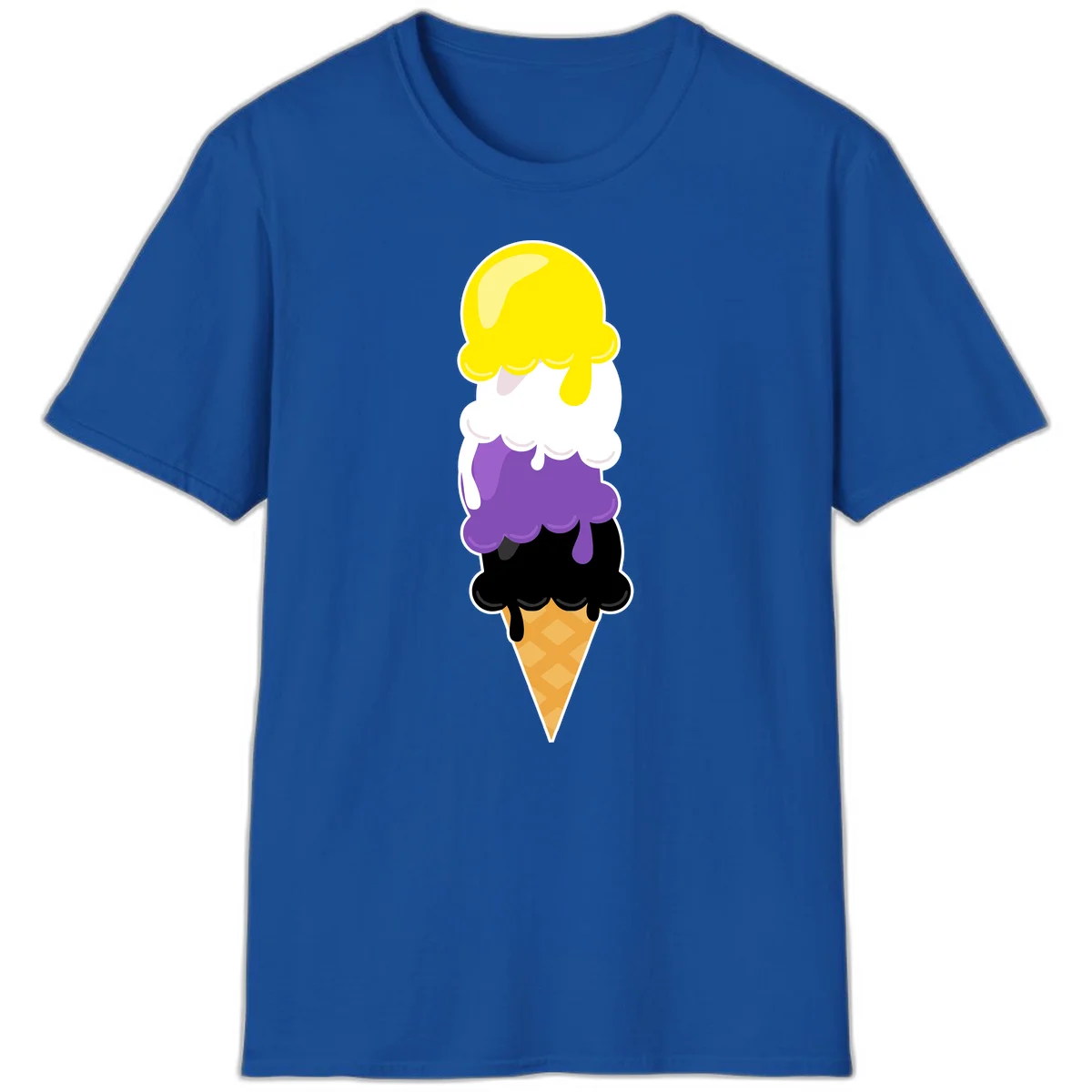 Rainbow drip ice cream cone illustration with yellow, white, purple, and black scoops stacked on waffle cone with dripping effect in Royal