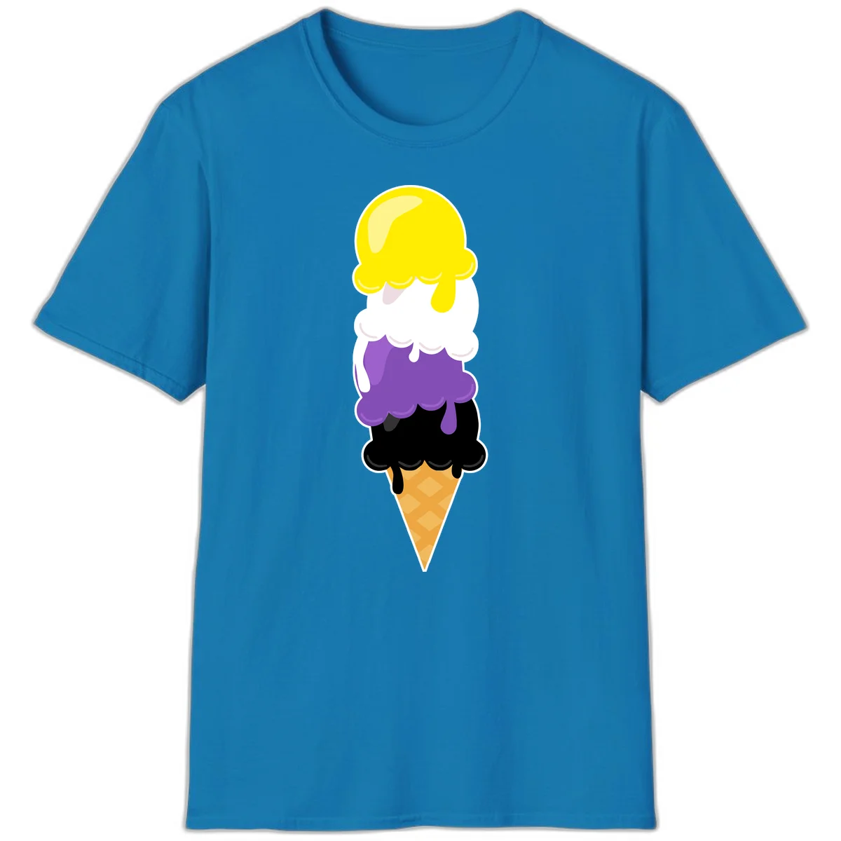 Rainbow drip ice cream cone illustration with yellow, white, purple, and black scoops stacked on waffle cone with dripping effect in Sapphire