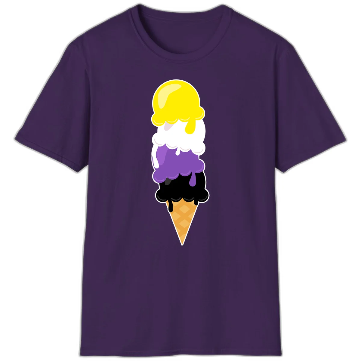 Rainbow drip ice cream cone illustration with yellow, white, purple, and black scoops stacked on waffle cone with dripping effect in Purple