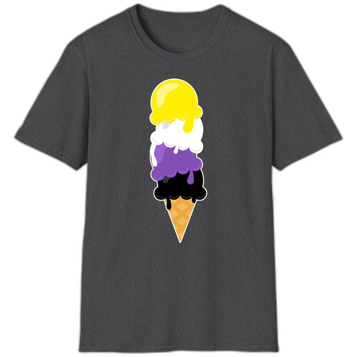 Rainbow drip ice cream cone illustration with yellow, white, purple, and black scoops stacked on waffle cone with dripping effect in Dark Heather