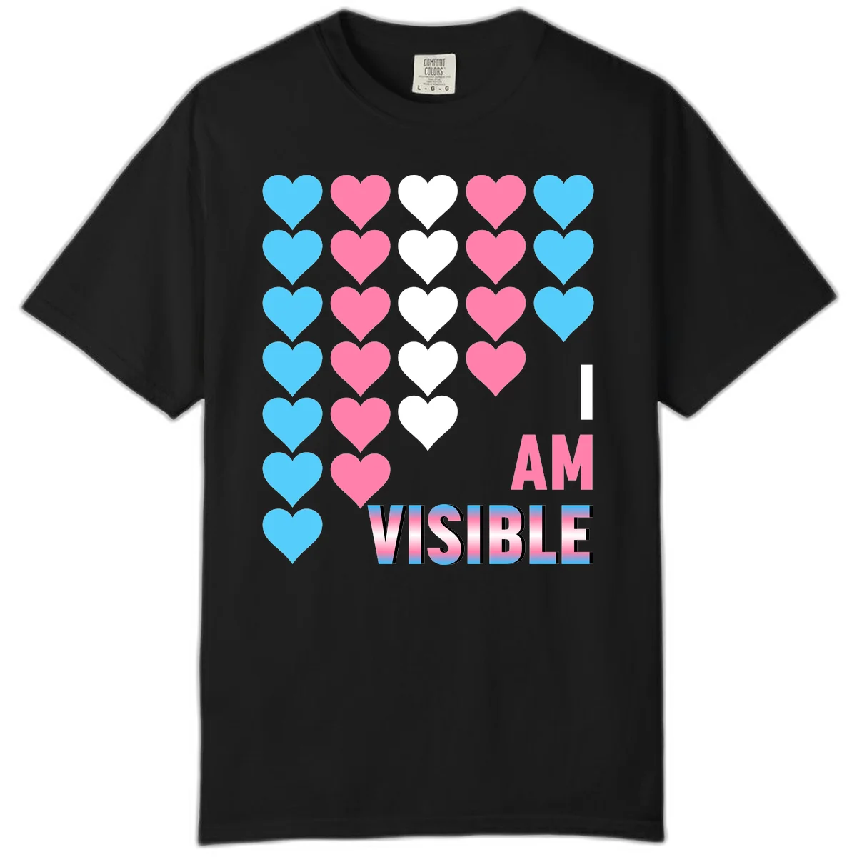 I Am Visible Pride design with repeating cyan, pink, and white hearts on gray background and gradient text message in Black