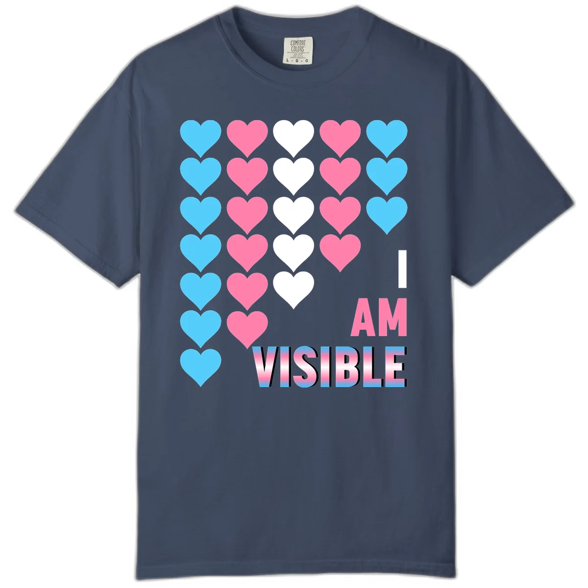I Am Visible Pride design with repeating cyan, pink, and white hearts on gray background and gradient text message in Midnight