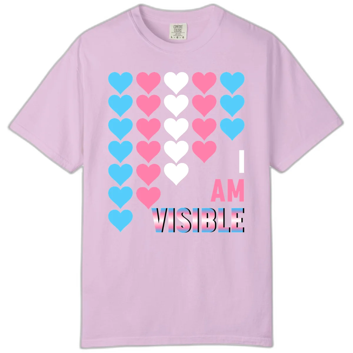 I Am Visible Pride design with repeating cyan, pink, and white hearts on gray background and gradient text message in Orchid