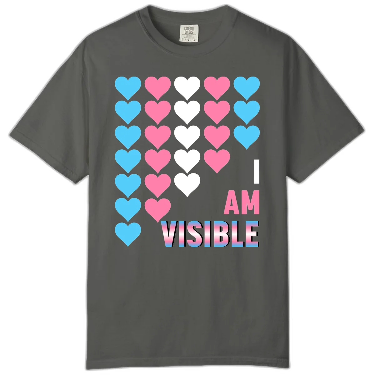 I Am Visible Pride design with repeating cyan, pink, and white hearts on gray background and gradient text message in Pepper