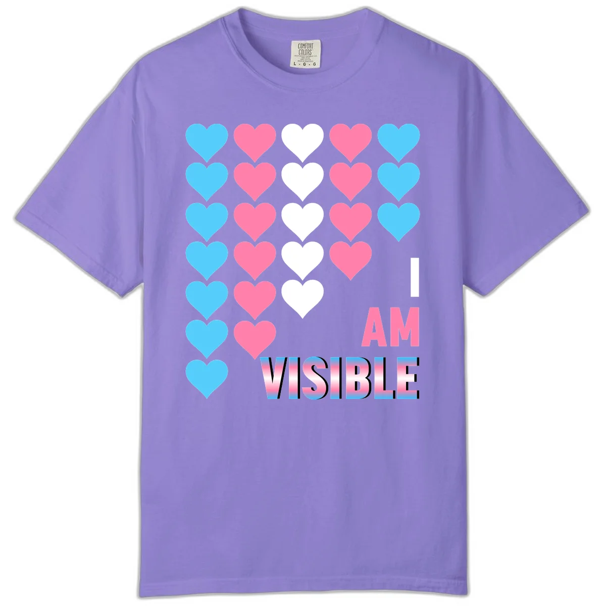I Am Visible Pride design with repeating cyan, pink, and white hearts on gray background and gradient text message in Violet