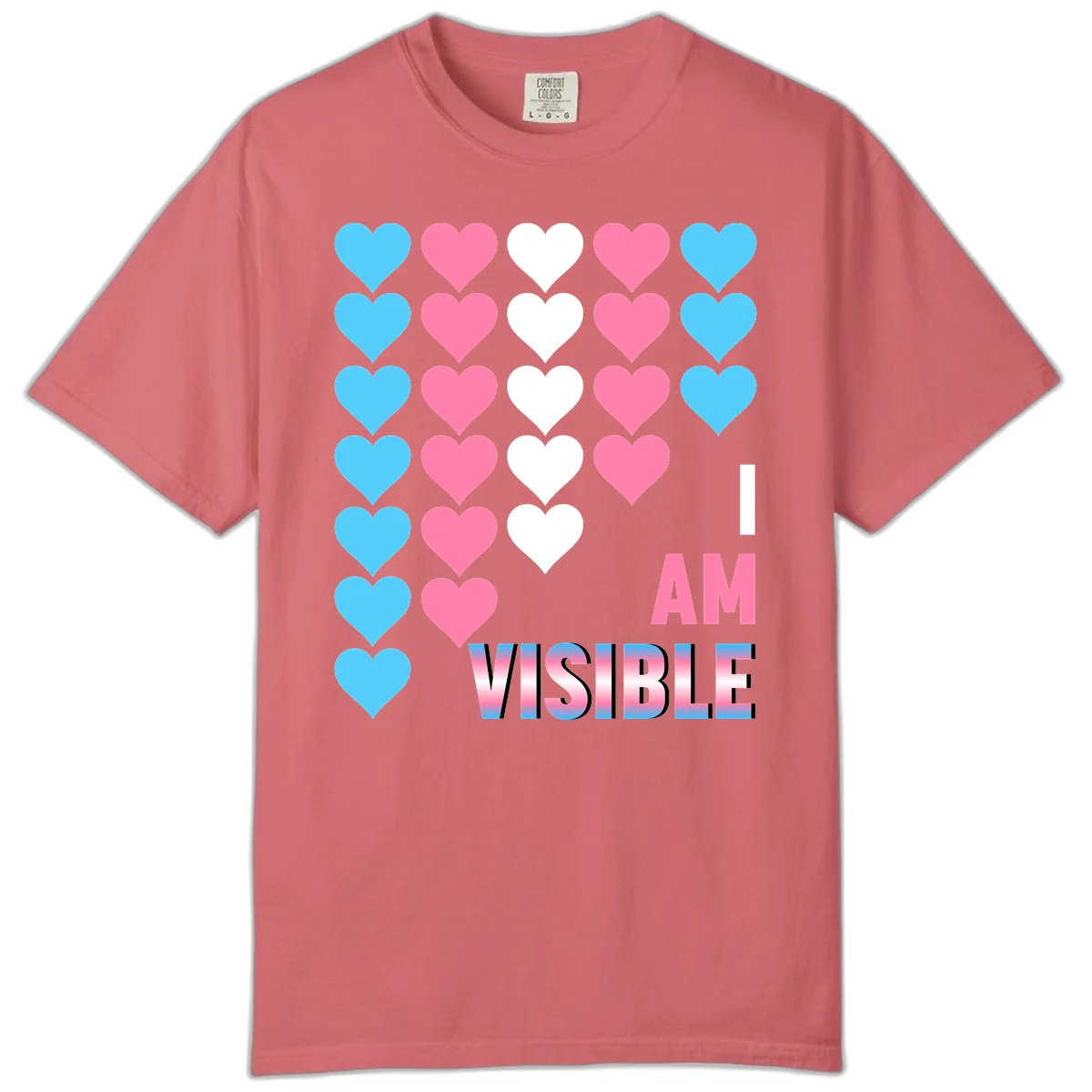 I Am Visible Pride design with repeating cyan, pink, and white hearts on gray background and gradient text message in Watermelon