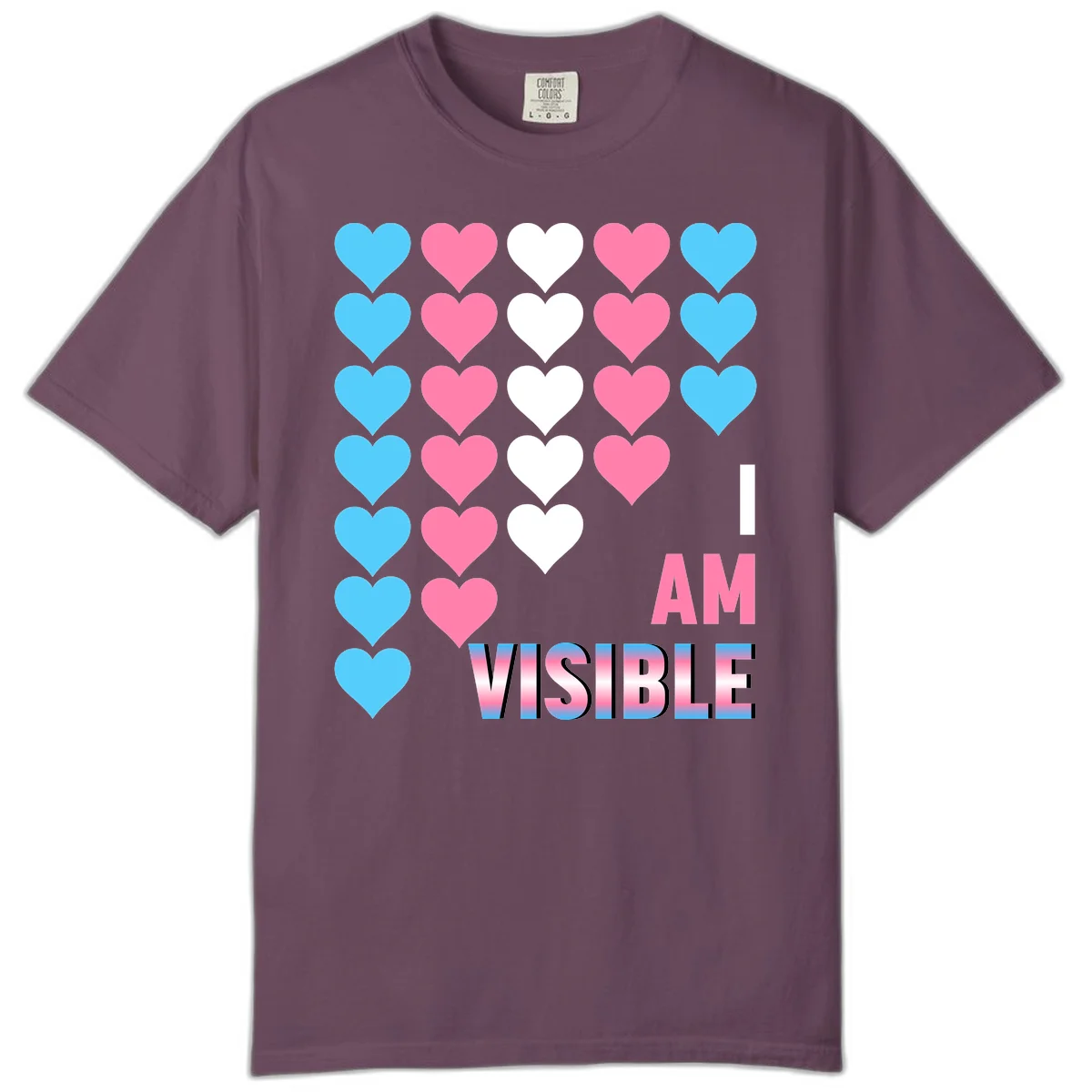 I Am Visible Pride design with repeating cyan, pink, and white hearts on gray background and gradient text message in Berry