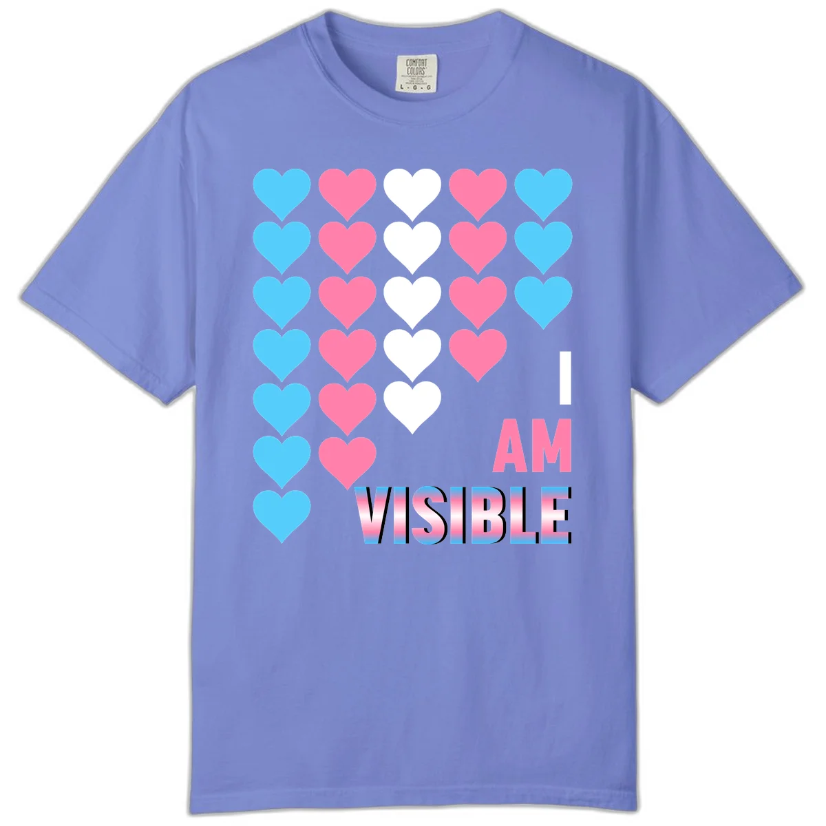 I Am Visible Pride design with repeating cyan, pink, and white hearts on gray background and gradient text message in Flo Blue