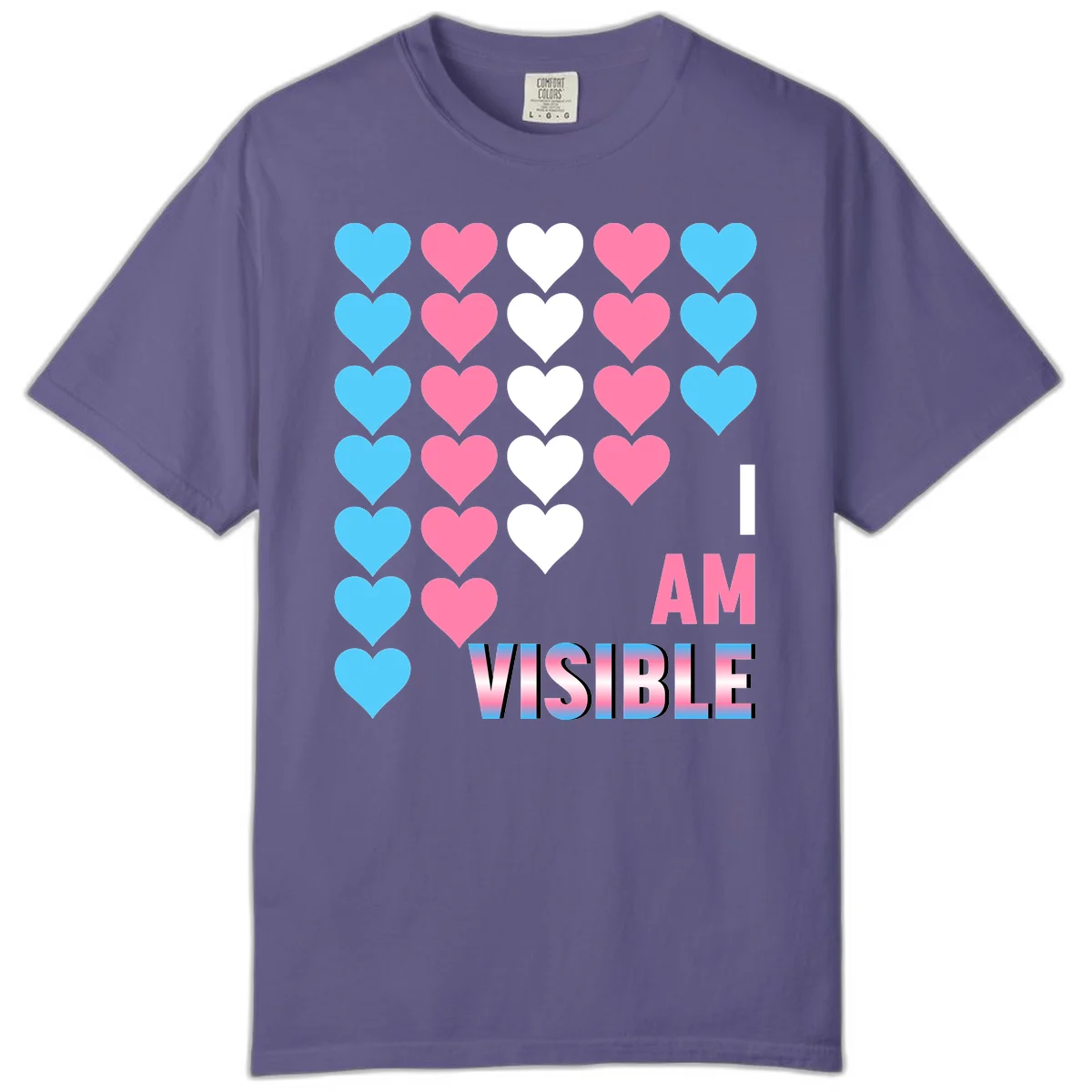 I Am Visible Pride design with repeating cyan, pink, and white hearts on gray background and gradient text message in Grape